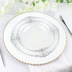 10-Pack Plastic 10" Round Dinner Plates in Clear with Silver Leaf Embossed Rim - Disposable Vintage Baroque Style Plates