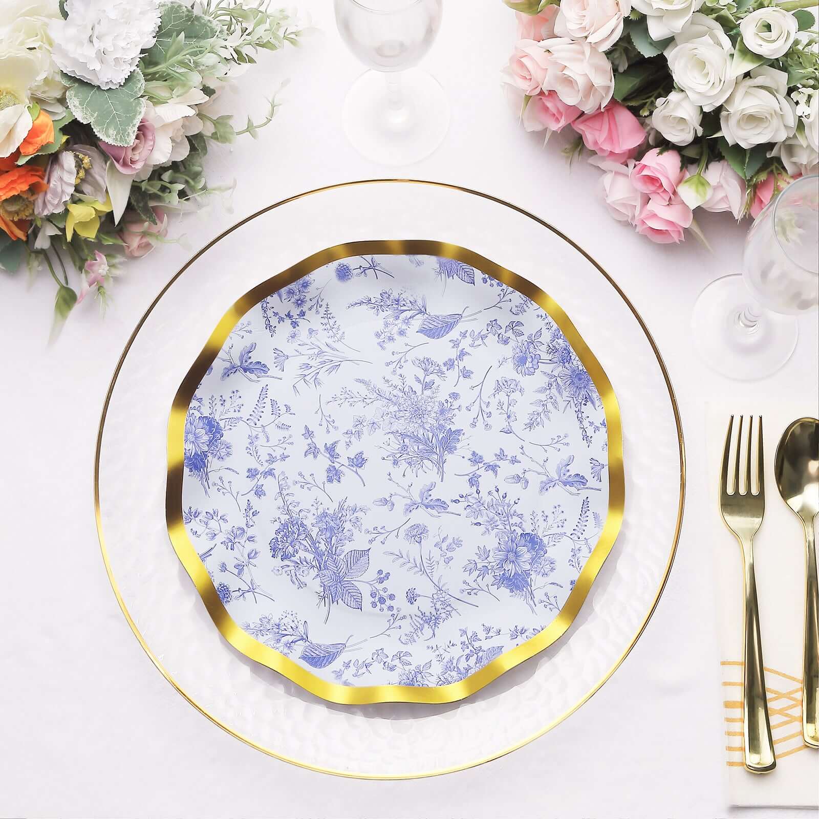 25-Pack Paper Round Dinner Plates 10" in White with Blue French Toile Pattern & Gold Wavy Rim - Disposable 350GSM Party Plates