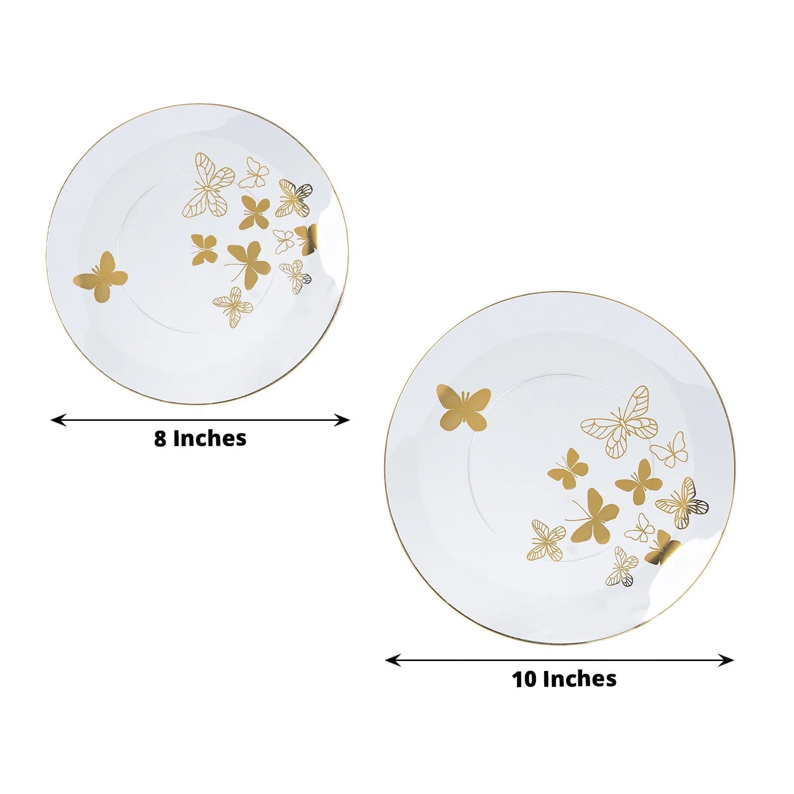 Set of 20 Plastic Round Dinner and Salad Plates in Clear with Gold Butterfly Design & Gold Rim - Stylish Disposable Dinnerware 8", 10"