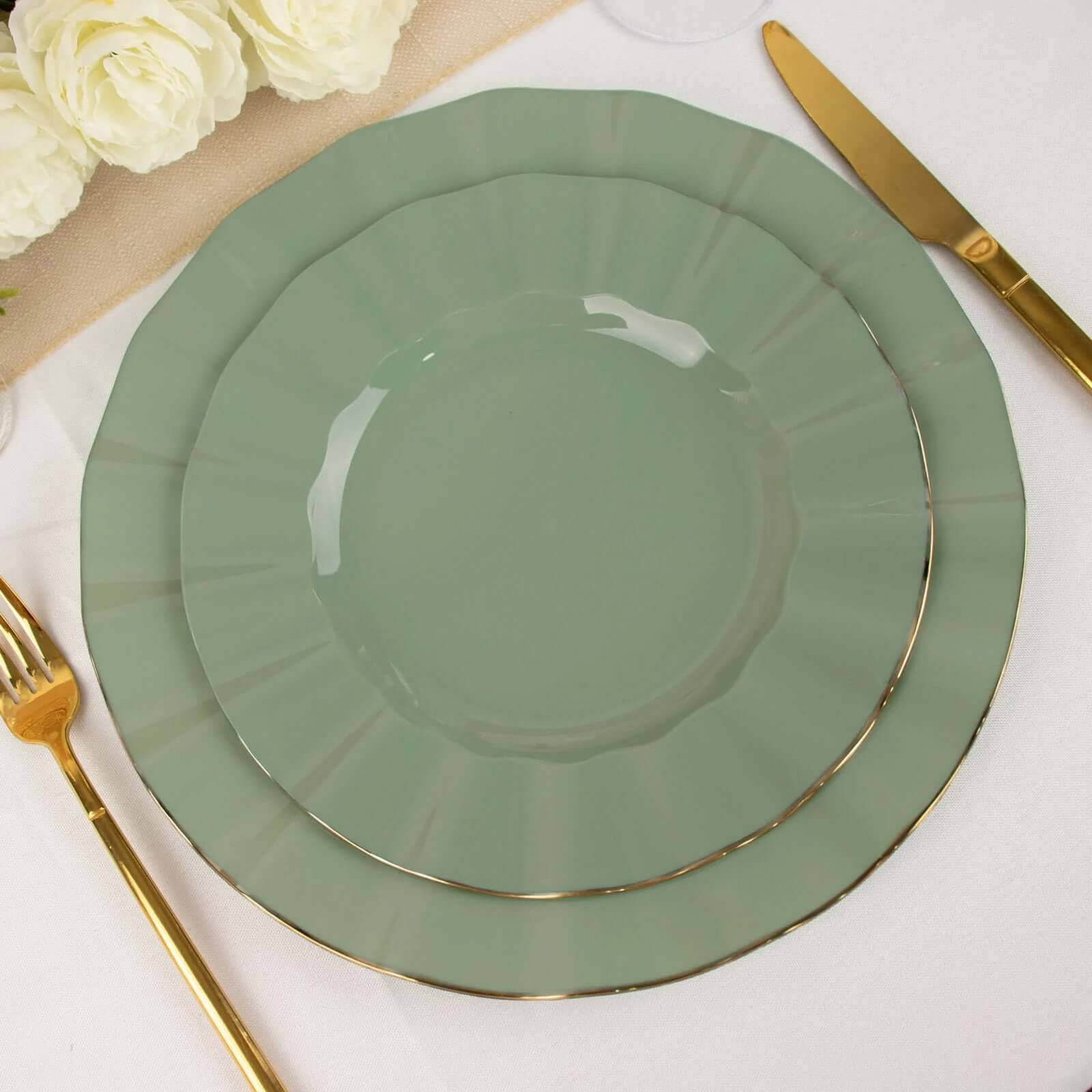 10-Pack Plastic 9" Round Dinner Plates in Dusty Sage Green Ruffled Rim with Gold Edging - Sturdy Disposable Dinnerware