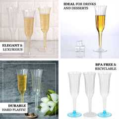 12-Pack Plastic Champagne Flutes Transparent Dusty Blue Flared Design - Lightweight Disposable Toasting Glasses 6oz