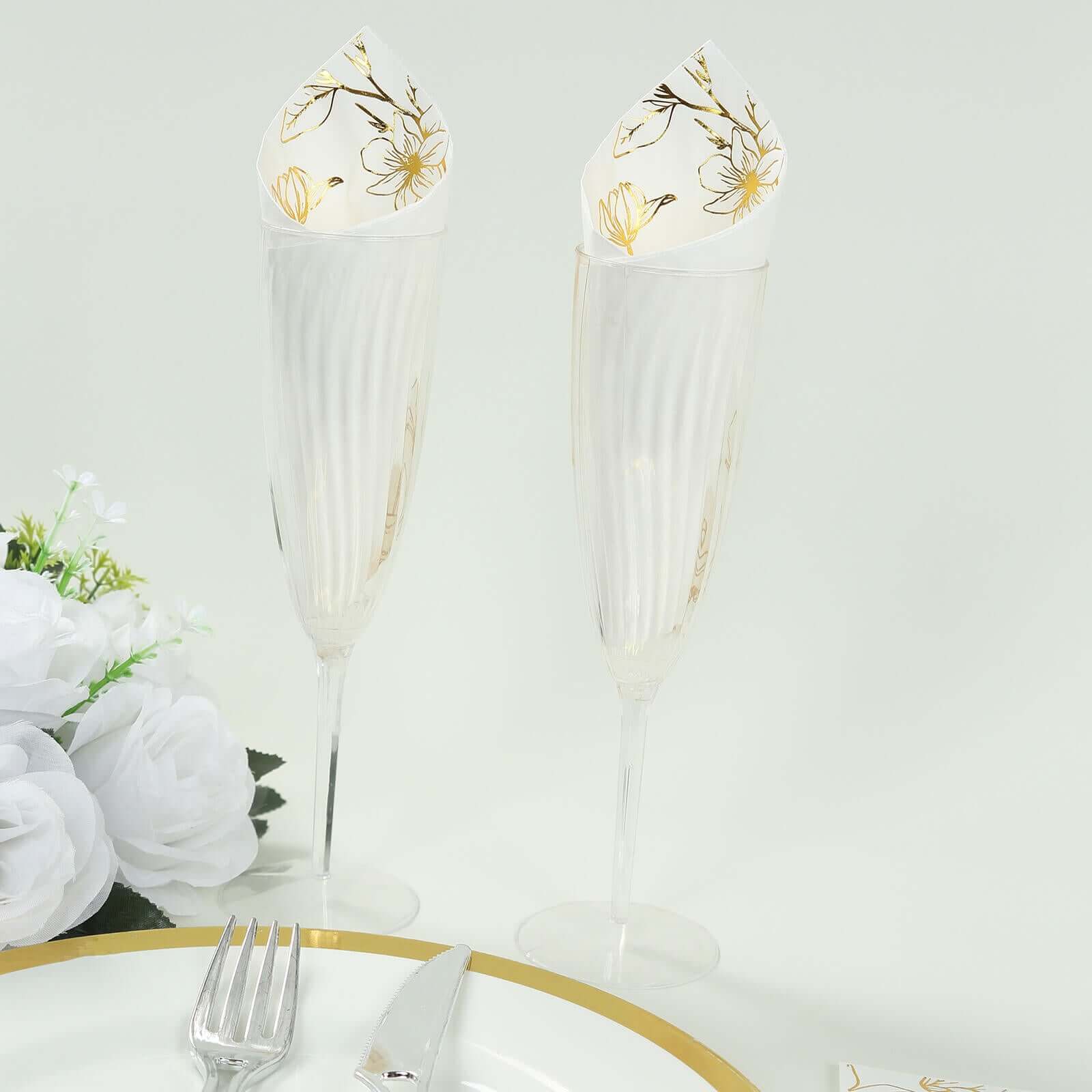 50-Pack Paper Dinner Napkins White with Gold Magnolia Flowers Print 2-Ply - Disposable Soft Napkins for Parties