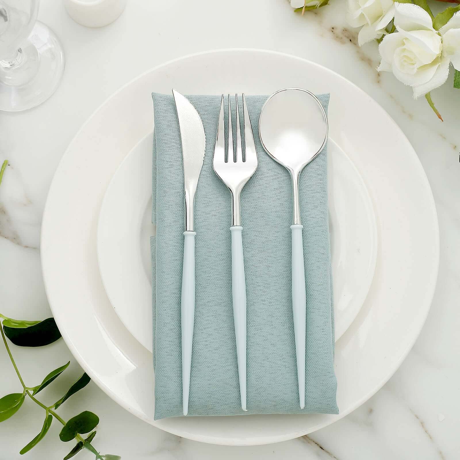 24-Pack Plastic Flatware Set in Silver with Light Blue Handle - Heavy Duty Disposable Modern Silverware 8"