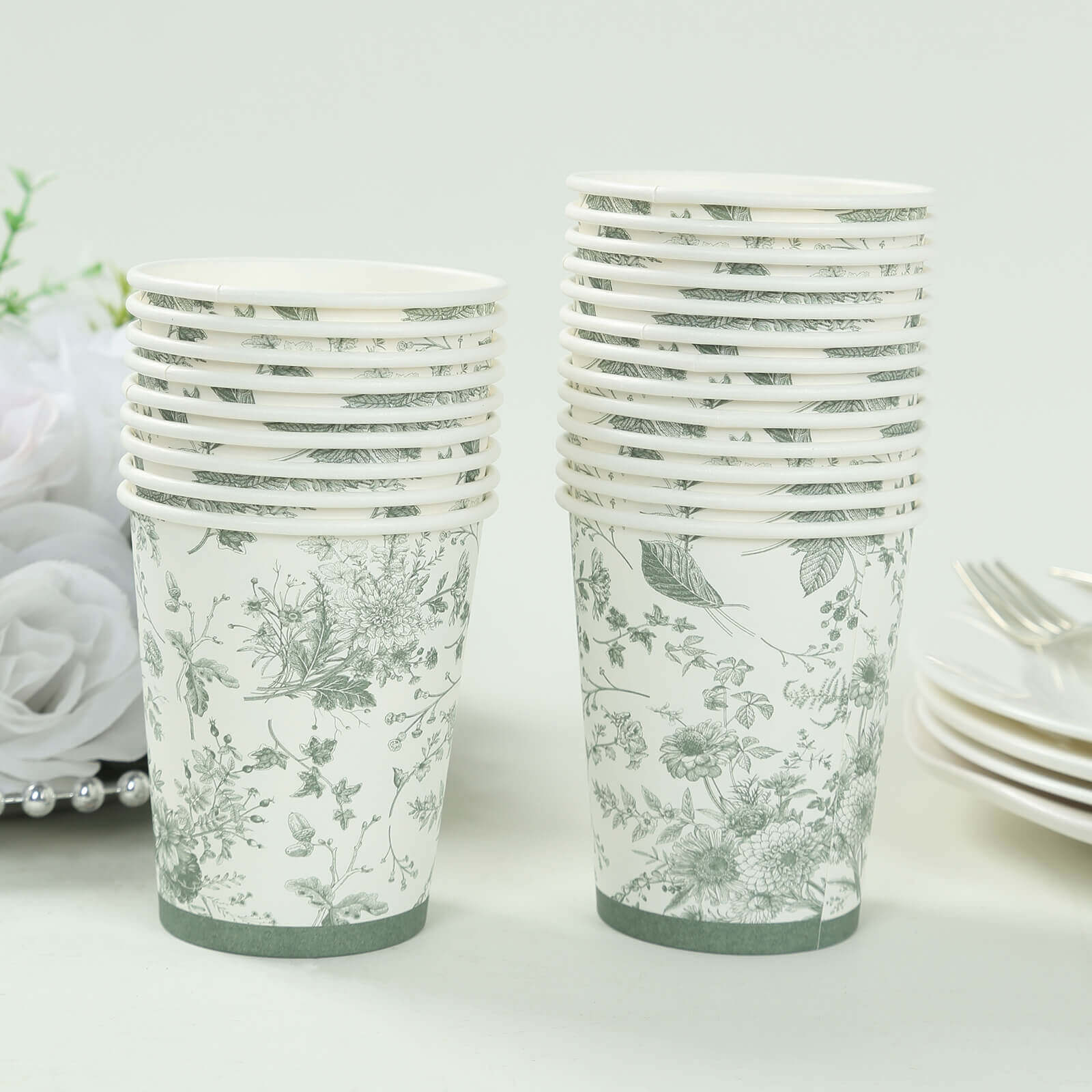 24 Pack Disposable Paper Cups in White Sage Green French Toile Pattern, Elegant Party Cups - 9oz
