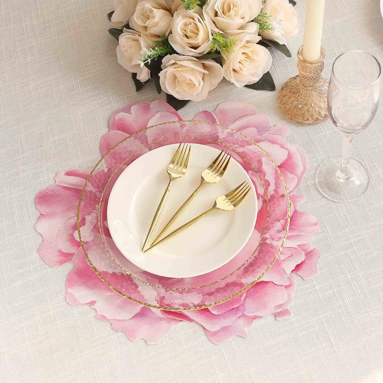 10-Pack Disposable Table Placemats with Pink Peony Flower Print - 400GSM Floral Cardboard Placemats for Dinner Parties & Gatherings 14"