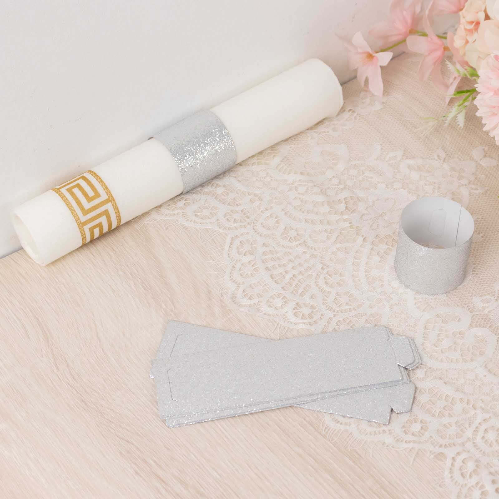 50-Pack Paper Napkin Rings Silver Glitter - Stylish Disposable Napkin Holders 1.5"