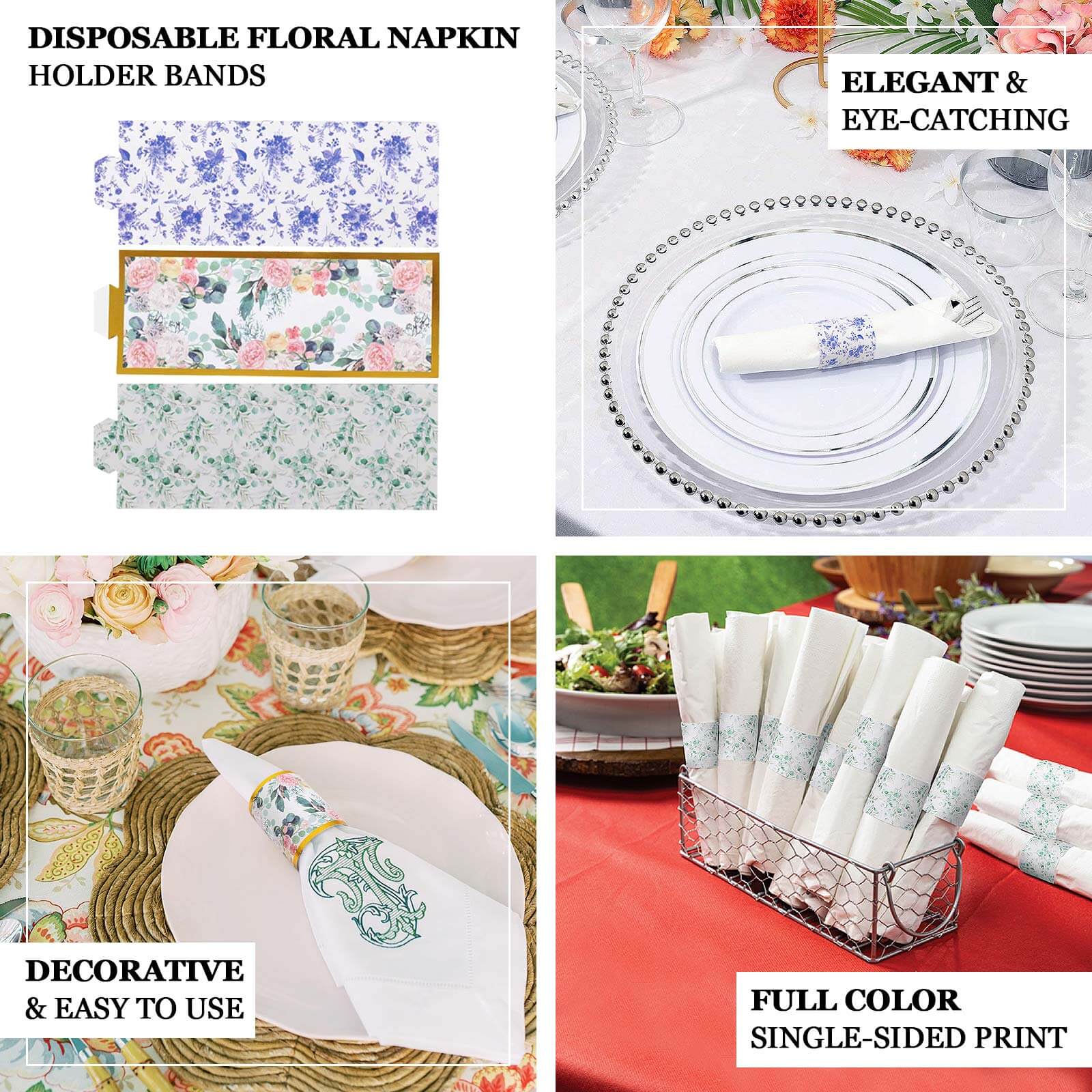 50 Pack Pink Peony Floral Paper Napkin Holder Bands with Gold Edge, Disposable Napkin Rings - 1.5"