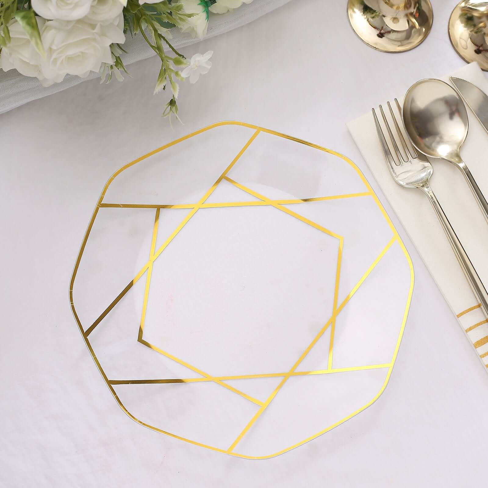 10-Pack Plastic 8" Octagon Dessert Plates in Clear - Modern Disposable Salad/Appetizer Plates with Gold Geometric Design for Special Occasions & Celebrations