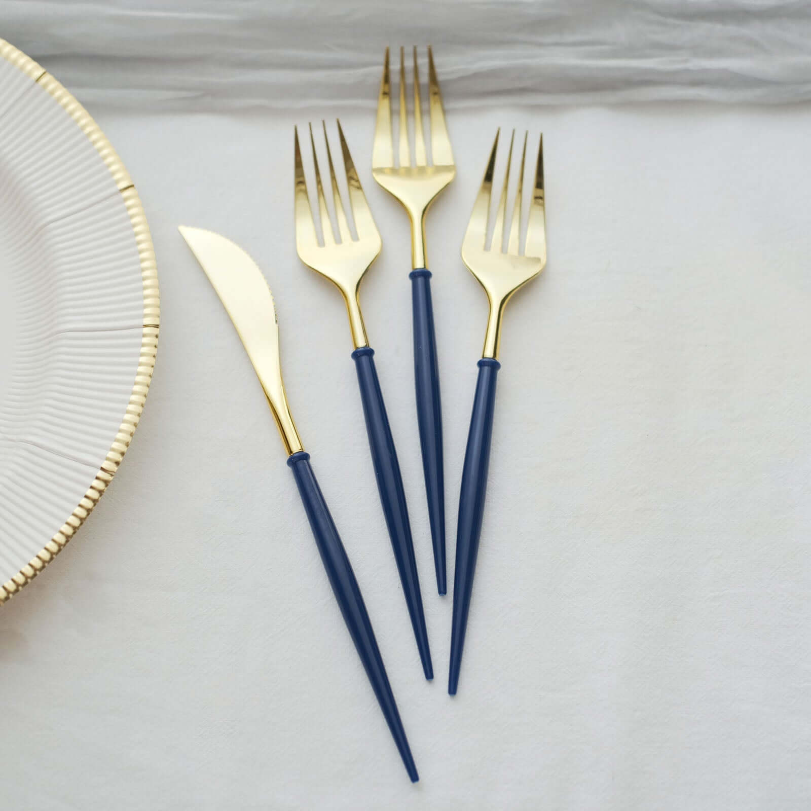 24-Pack Plastic Flatware Set in Metallic Gold with Royal Blue Handle - Heavy Duty Disposable Modern Silverware 8"