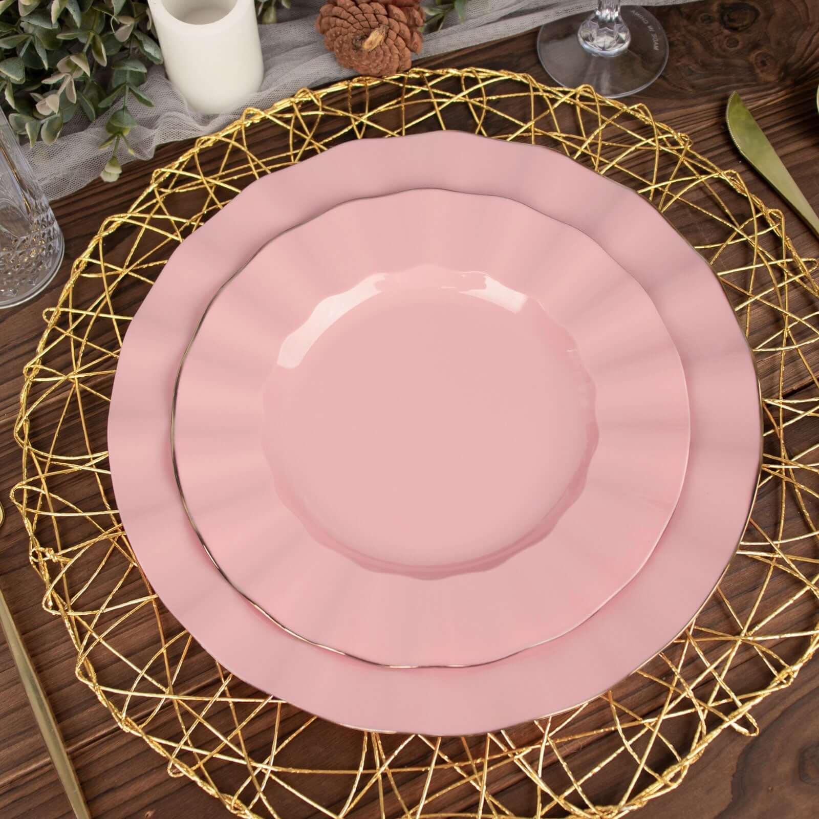 10-Pack Plastic 9" Round Dinner Plates in Dusty Rose Ruffled Rim with Gold Edging - Sturdy Disposable Dinnerware