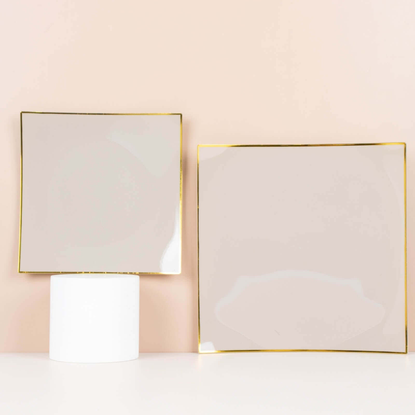 10-Pack Plastic 8" Square Dessert Plates in Taupe Concave Style with Gold Rim - Modern Disposable Salad Appetizer Party Plates