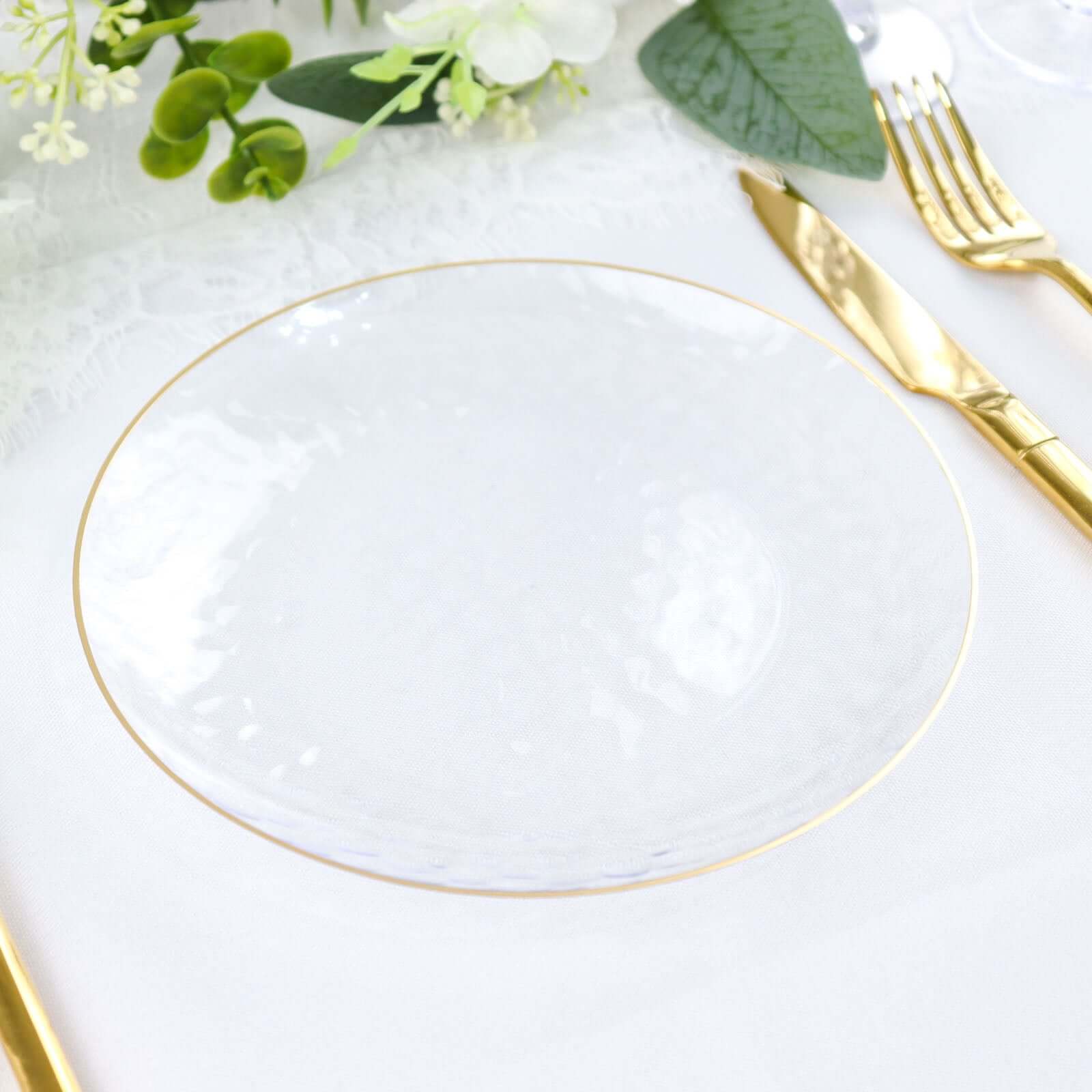 10-Pack Plastic 7" Round Dessert Appetizer Plates in Clear Hammered Design with Gold Rim - Modern Disposable Salad Plates