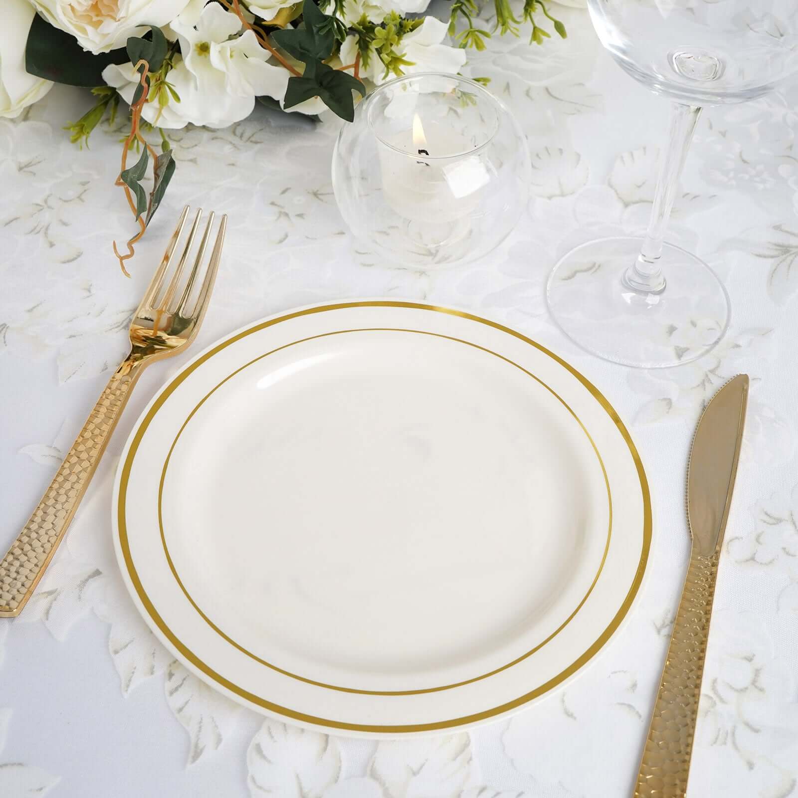 10-Pack Plastic Dessert Plates Ivory with Très Chic Gold Rim - Disposable Plates for Parties 8"