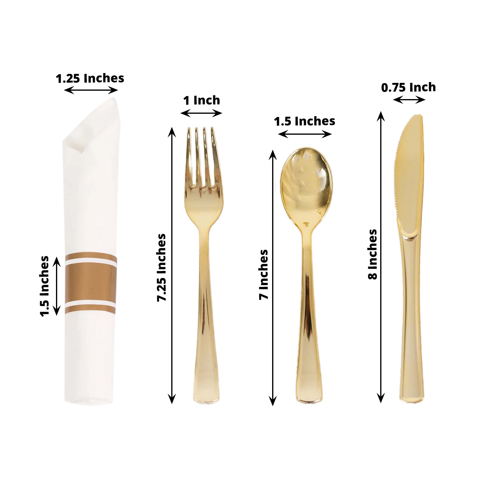 Set of 24 Gold Plastic Silverware with Pre-Rolled White Paper Napkins - Disposable Wrapped Fork, Spoon, and Knife Set