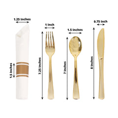 Set of 24 Gold Plastic Silverware with Pre-Rolled White Paper Napkins - Disposable Wrapped Fork, Spoon, and Knife Set