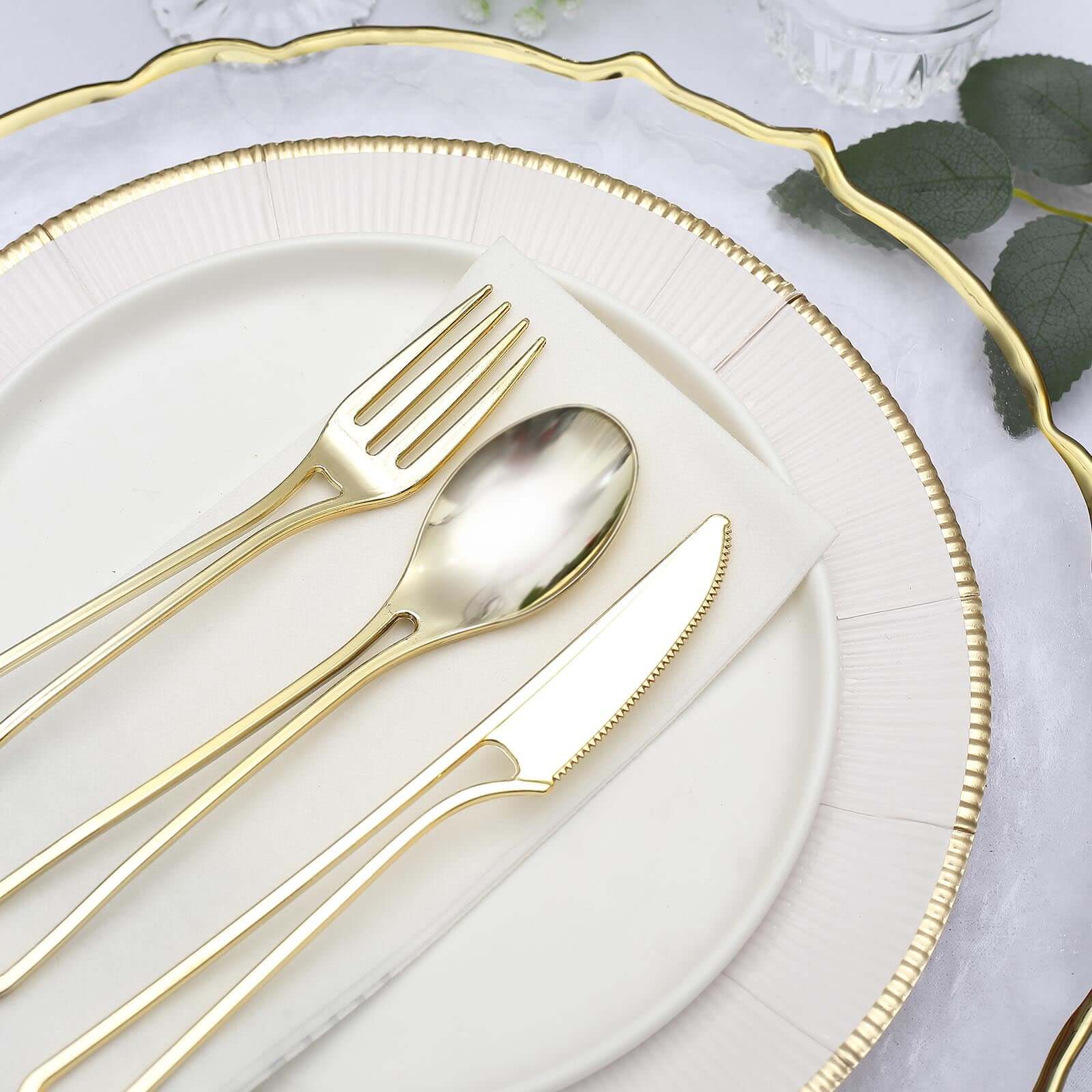 24-Pack Plastic Utensil Set with Modern Hollow Handle Design Gold - Disposable Silverware 7" for Parties