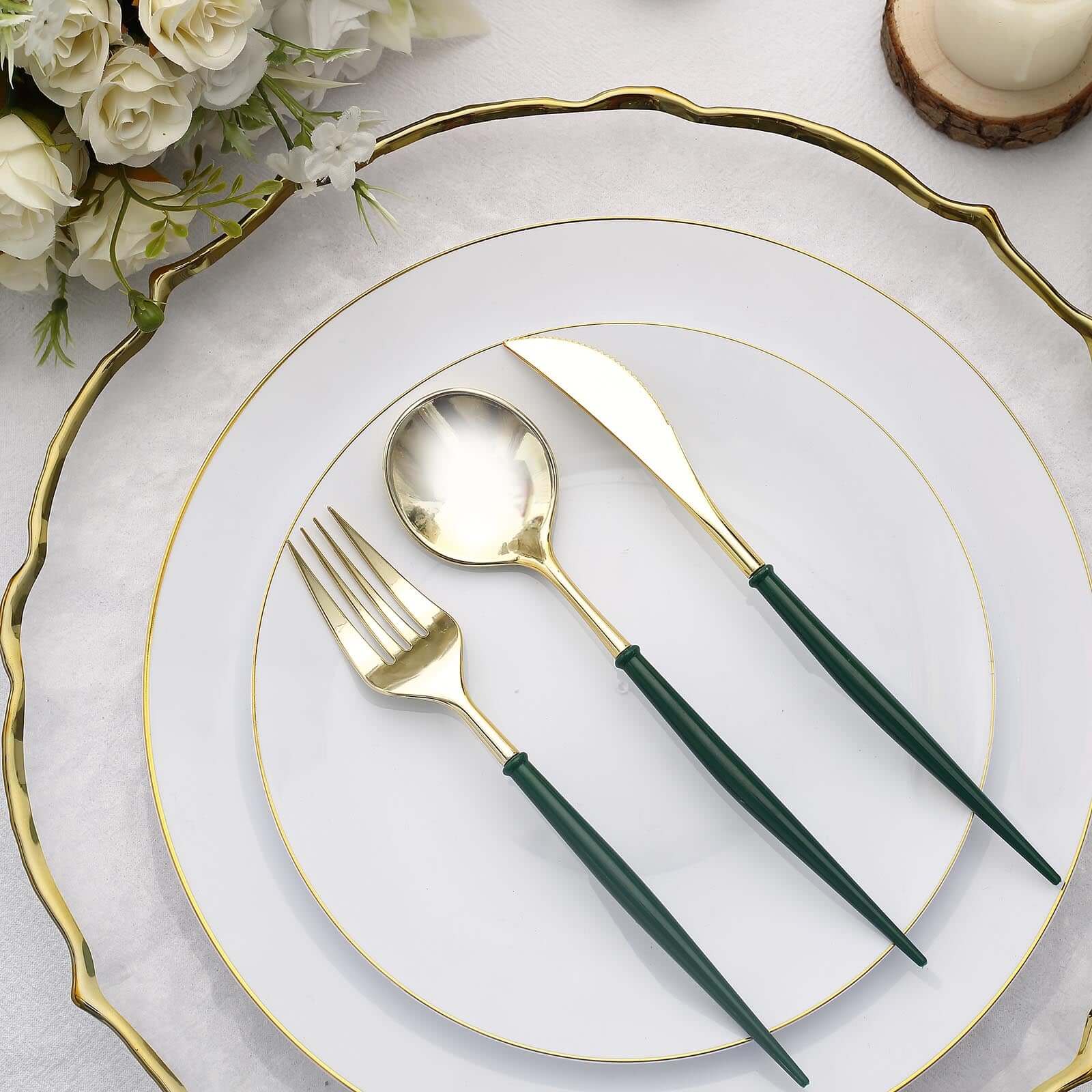 24-Pack Plastic Flatware Set in Metallic Gold with Hunter Emerald Green Handle - Heavy Duty Disposable Modern Silverware 8"
