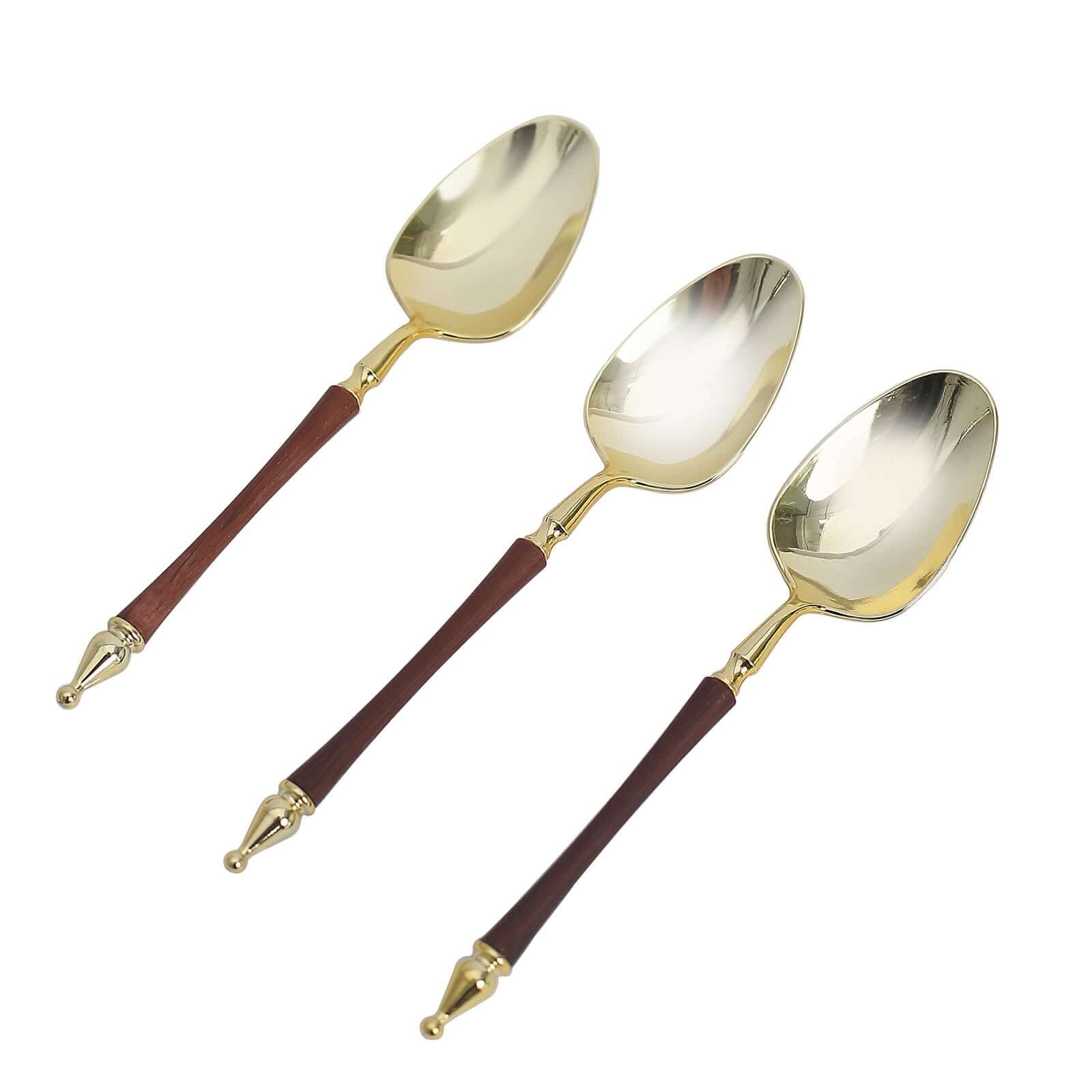 24-Pack Plastic Dessert Spoons with Roman Column Handle Gold/Brown - European Style Disposable Utensils 6"