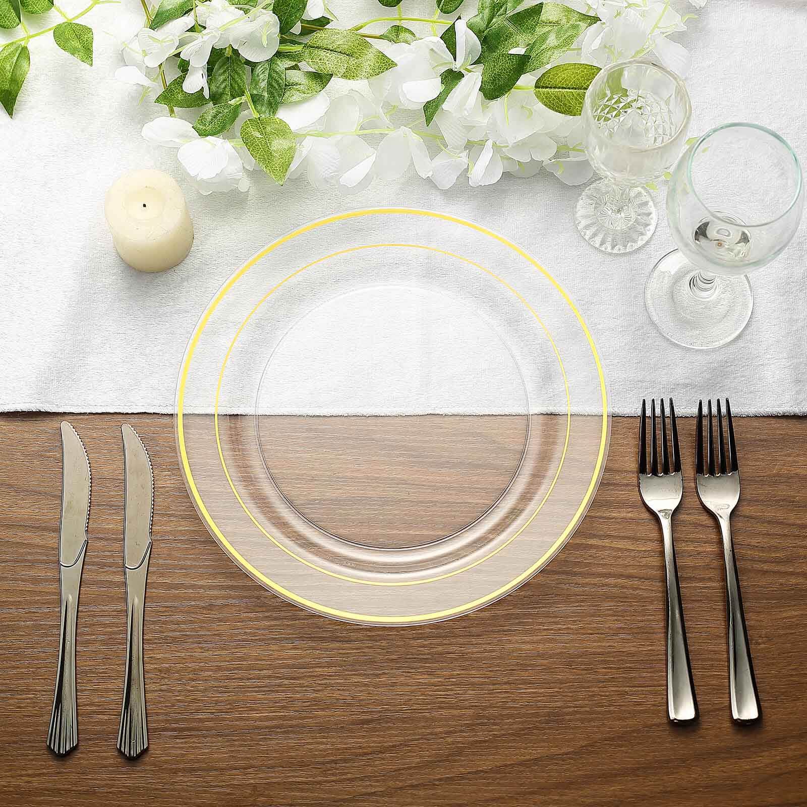 10-Pack Plastic Dinner Plates Clear with Très Chic Gold Rim - Perfect Disposable Party Plates 10"