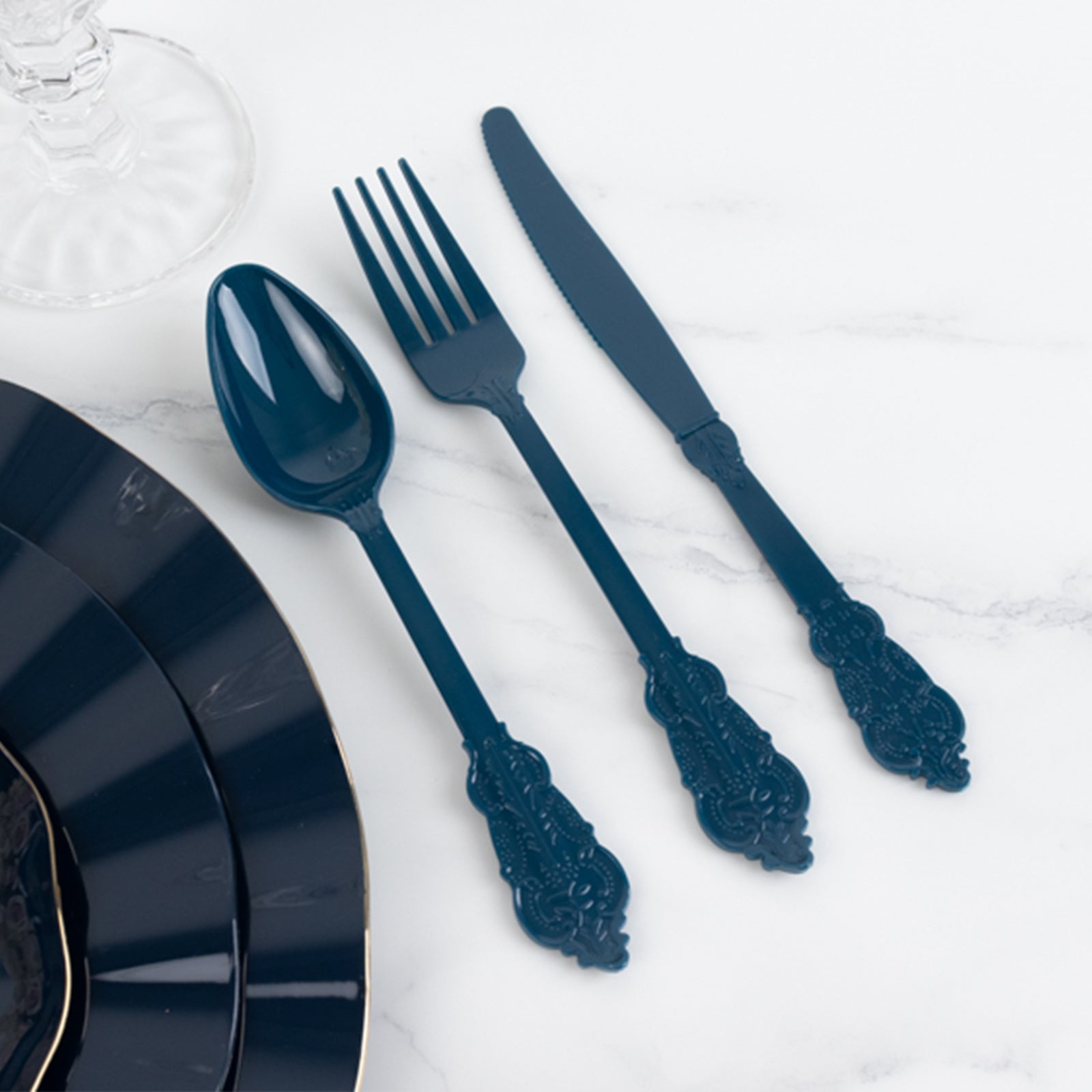 72 Pcs Plastic Silverware Set in Baroque Style Navy Blue - Heavy Duty Disposable Knife, Fork, and Spoon Set