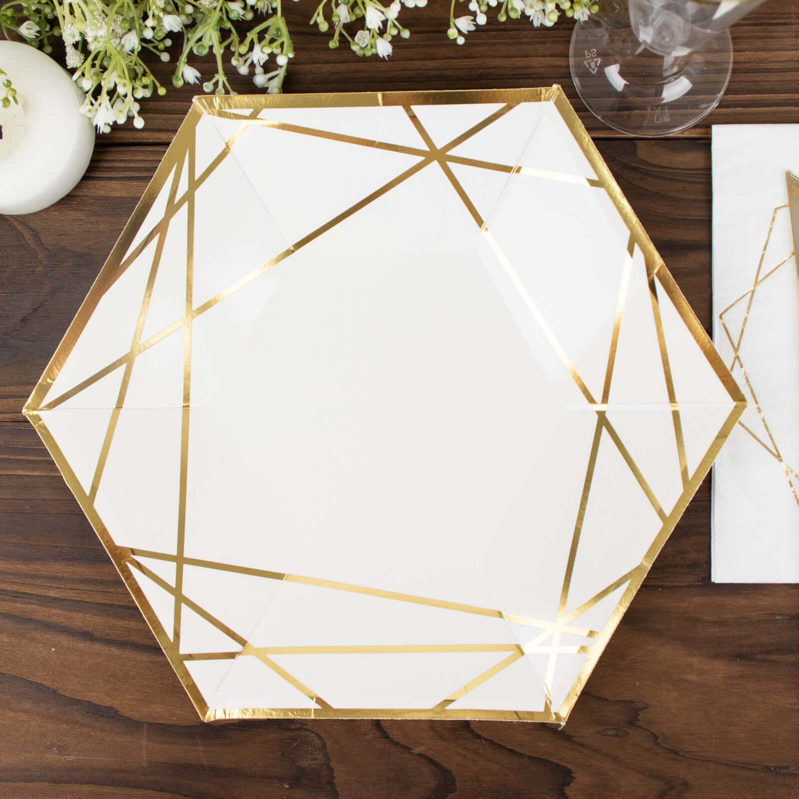 25-Pack Paper 9" Hexagon Dinner Plates in White with Gold Geometric Lines & Rim