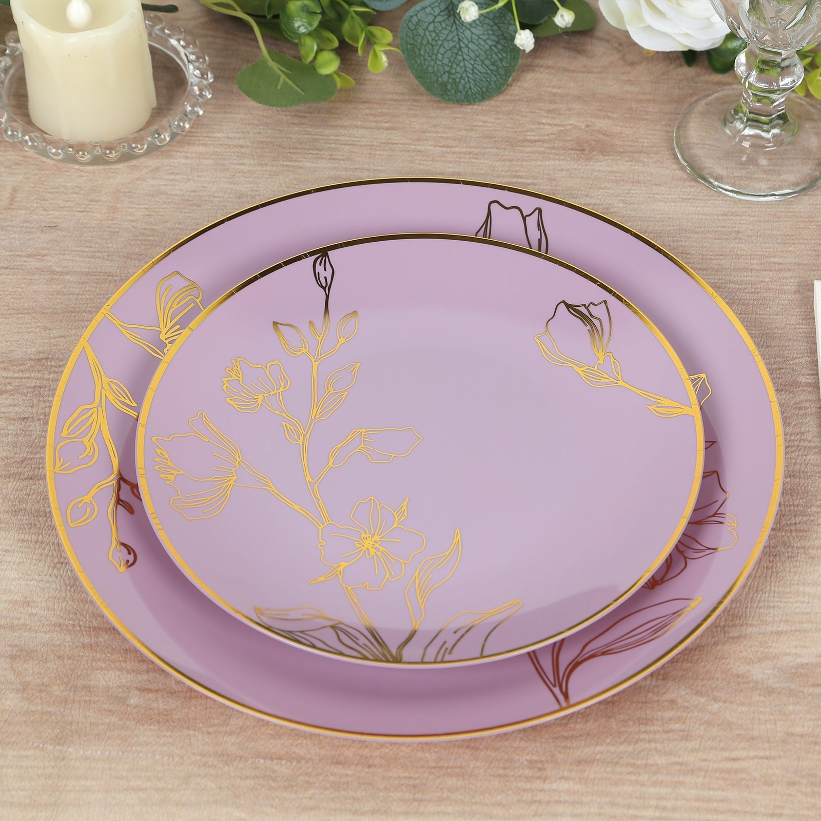 Set of 20 Plastic Round Dinner and Dessert Plates in Lavender Lilac with Metallic Gold Floral Design - Stylish Disposable Dinnerware 8", 10"