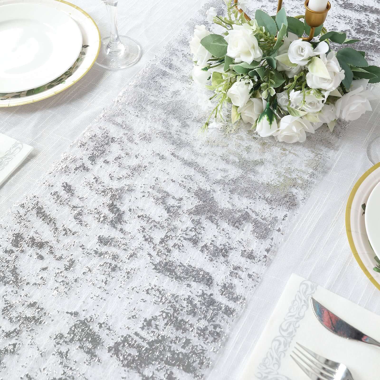 Mesh Polyester 108" Table Runner Roll Metallic Silver - Distressed Foil Look Disposable Table Decor