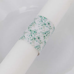 50 Pack White Green Paper Napkin Holder Bands with Eucalyptus Leaves, Disposable Napkin Rings - 1.5"