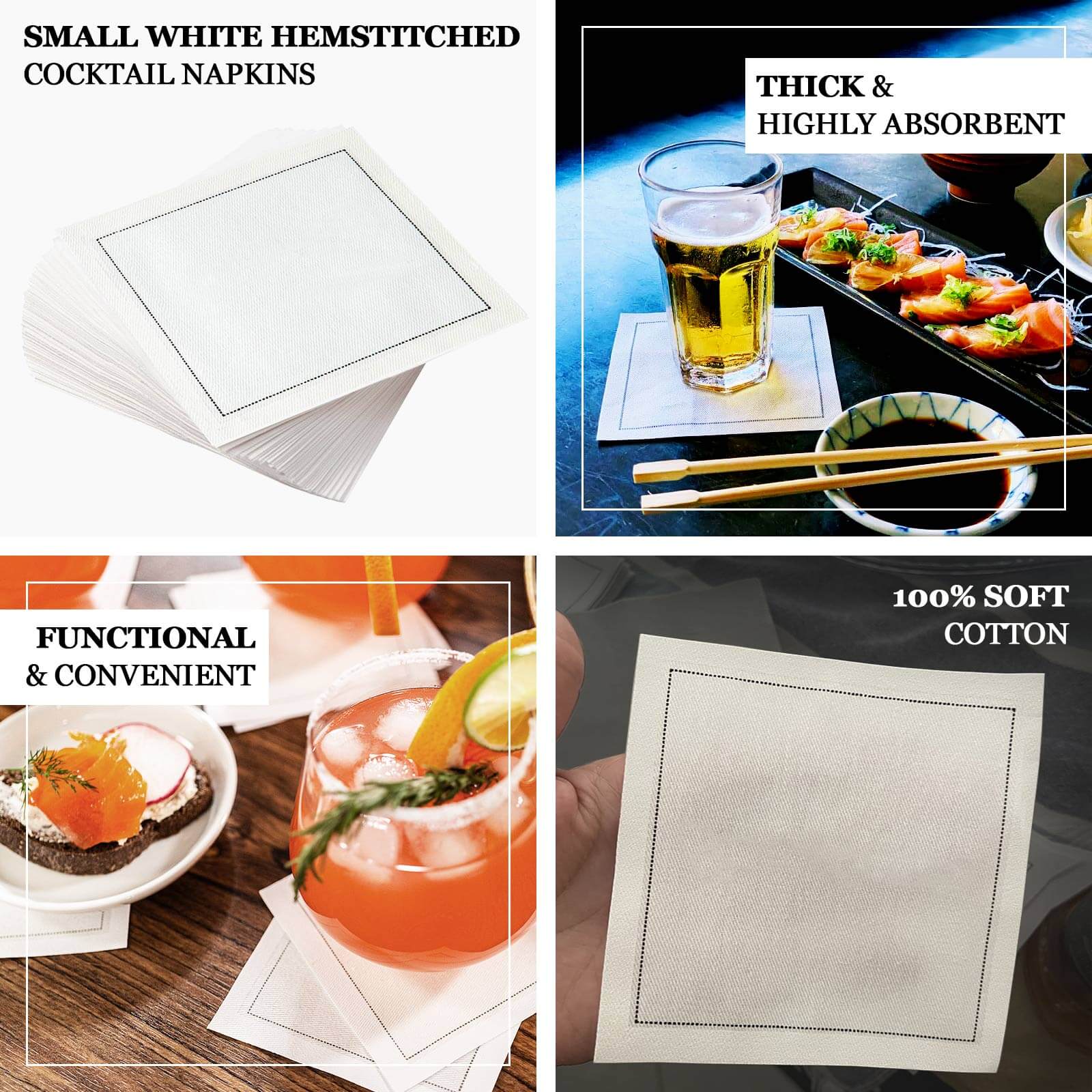 Disposable Cotton Cocktail Napkins – 50 White 4.5" x 4.5" Napkins for High-End Bars, Receptions & Parties