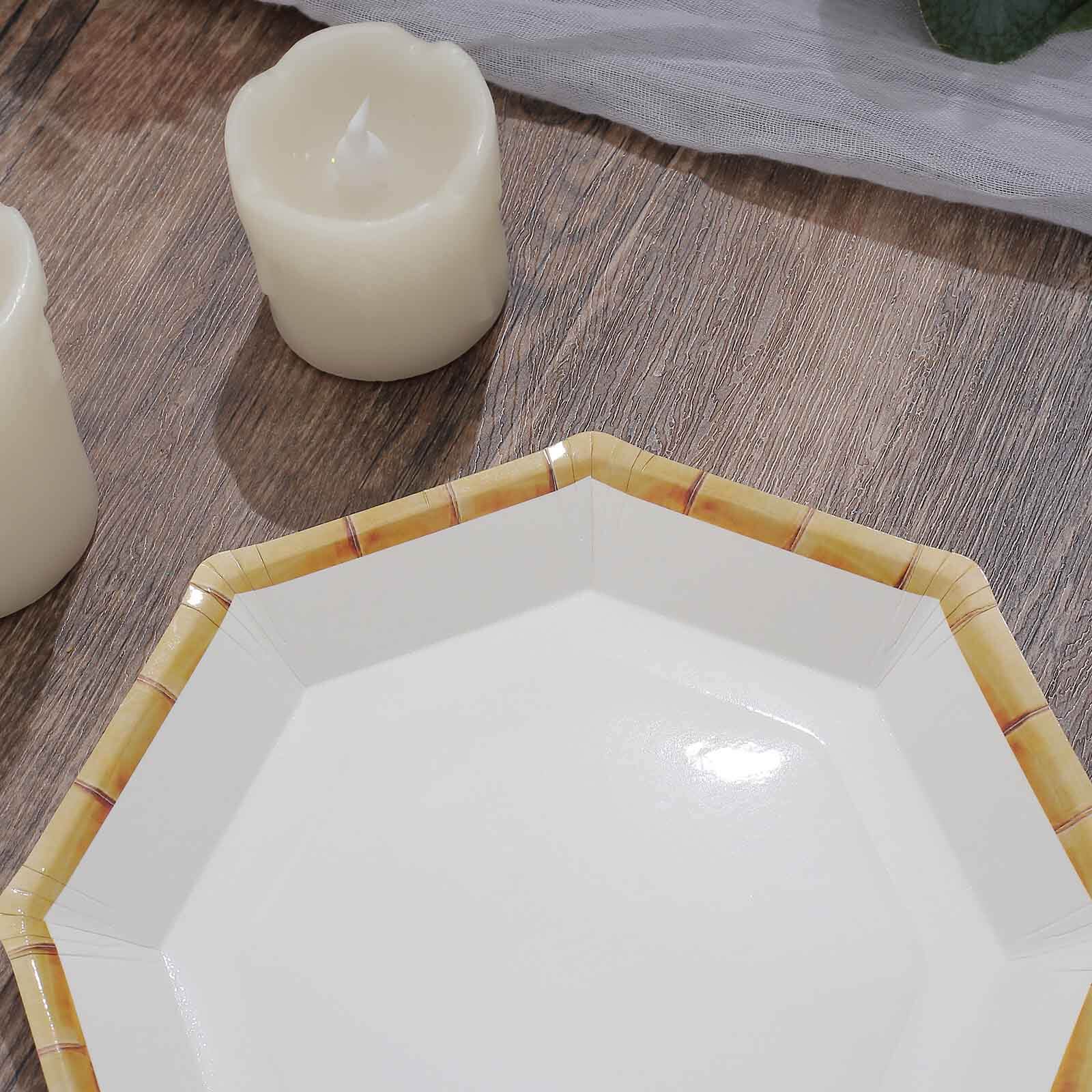 25-Pack Paper Octagonal Dessert Plates 7" White with Bamboo Print Rim - Disposable Geometric Appetizer Salad Plates for Garden Parties & Tropical Themed Events
