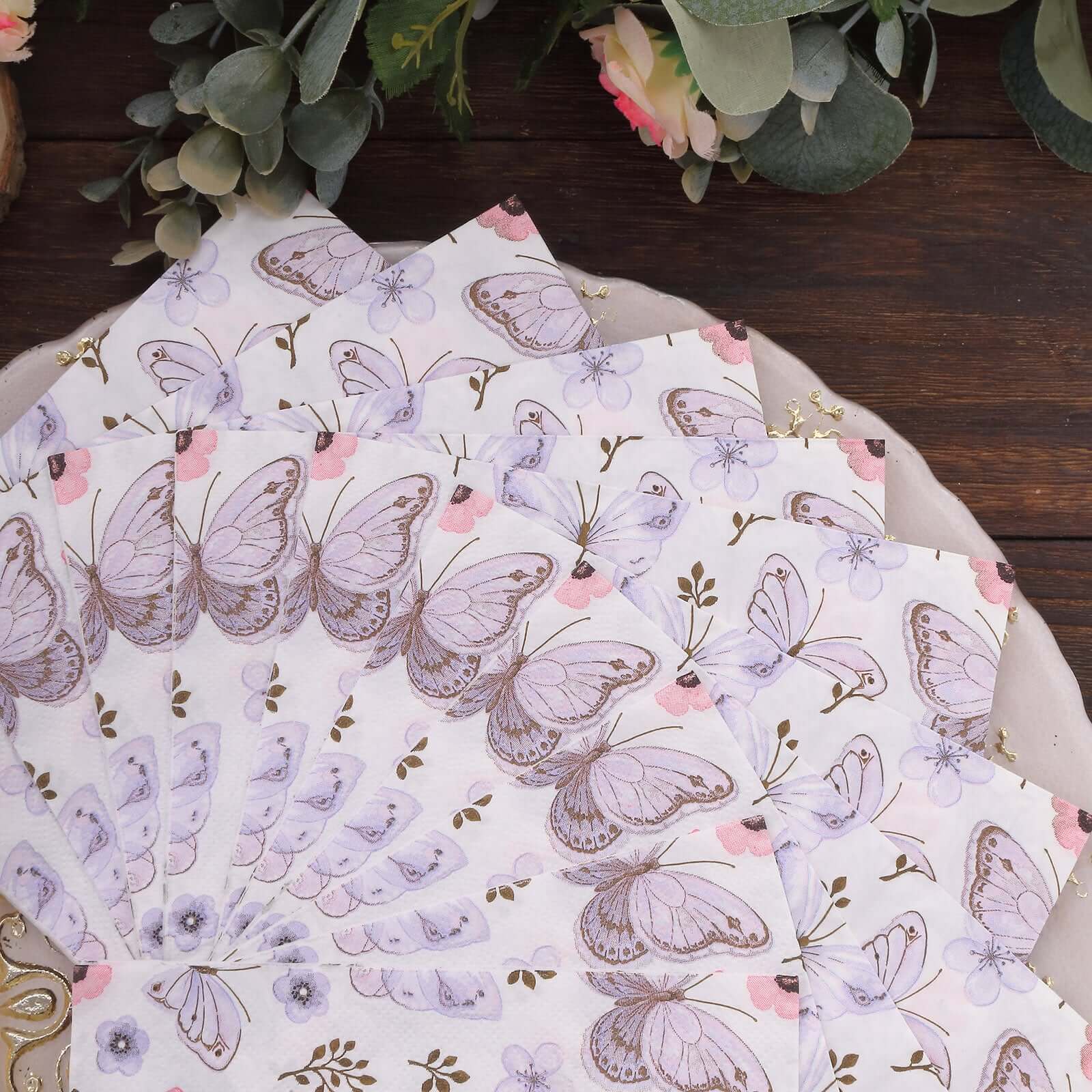 20-Pack Paper Beverage Napkins with Lavender Butterfly Floral Design Ivory - 2 Ply Soft 18GSM Garden Wedding Napkins 6.5"x6.5"