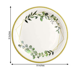 24-Pack Paper 9" Round Dinner Plates in White with Eucalyptus Leaves & Gold Rim - Disposable 300GSM Party Plates for Modern & Nature-Inspired Events