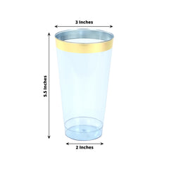 12-Pack Plastic Party Cups Transparent Dusty Blue with Gold Rim - Durable Disposable Tumblers for Drinks 17oz 5.5"