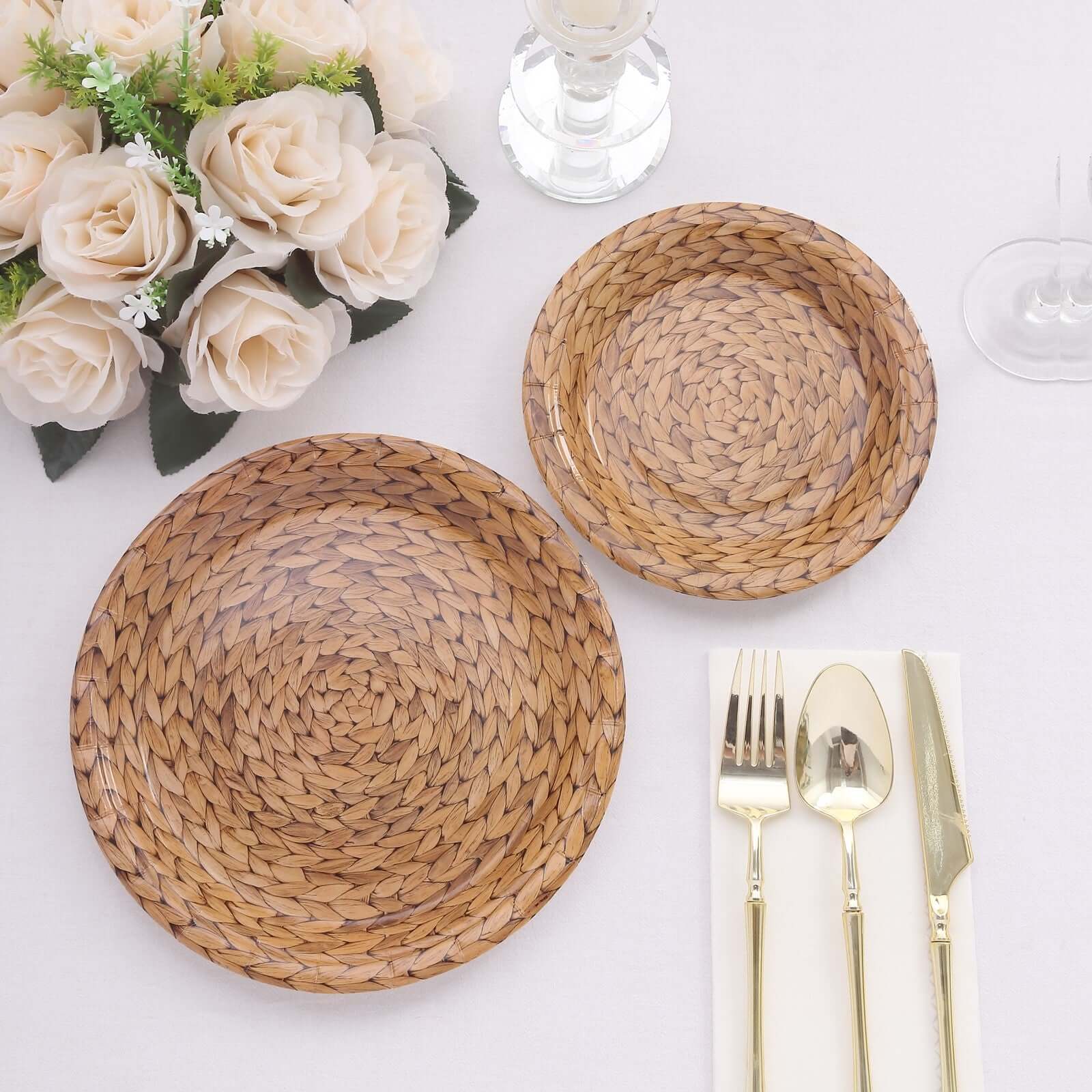 25-Pack Paper 9" Round Dinner Plates Natural with Woven Rattan Print - Rustic Farmhouse Disposable 300GSM Party Plates for Country Chic Celebrations
