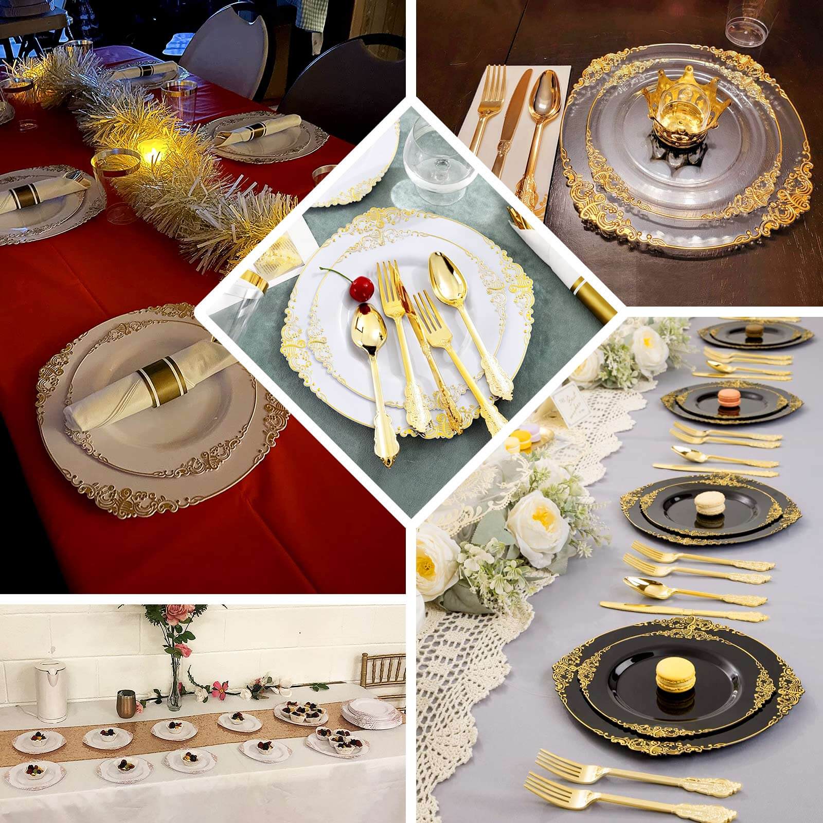 10-Pack Plastic 10" Round Dinner Plates in White with Silver Leaf Embossed Rim - Disposable Vintage Baroque Style Plates