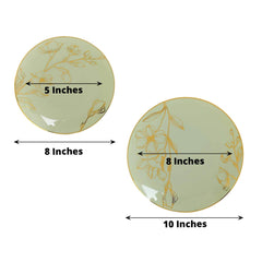 Set of 20 Plastic Round Dinner and Dessert Plates in Sage Green with Metallic Gold Floral Design - Stylish Disposable Dinnerware 8", 10"