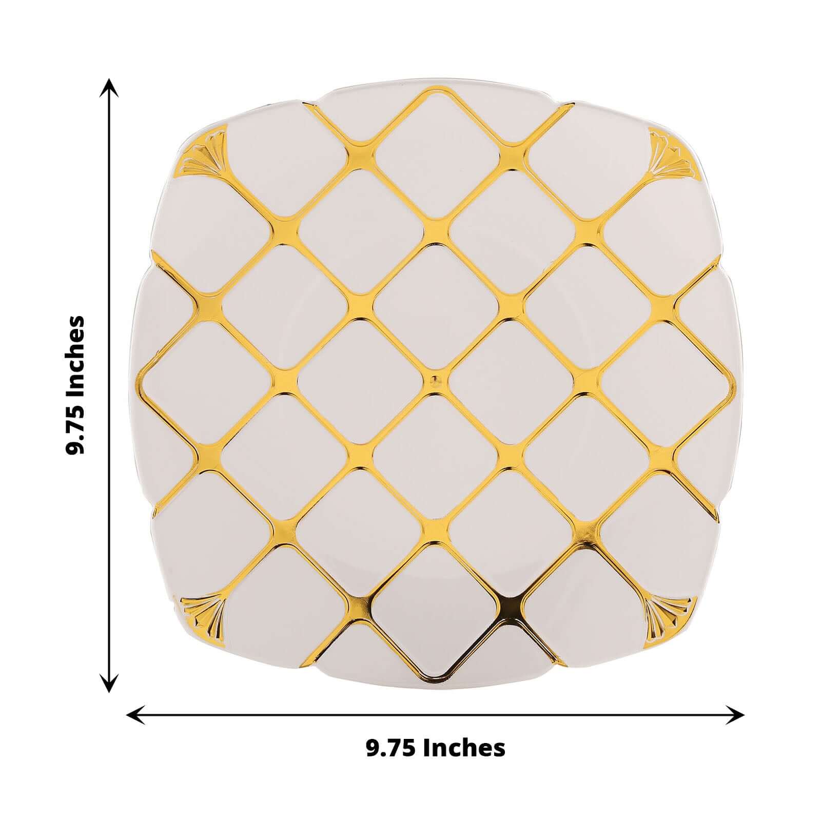 10-Pack Plastic 10" Square Dinner Plates in White with Gold Diamond Lattice Pattern - Disposable Party Plates for Weddings, Banquets & Special Events