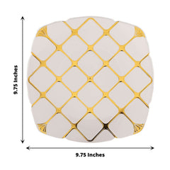 10-Pack Plastic 10" Square Dinner Plates in White with Gold Diamond Lattice Pattern - Disposable Party Plates for Weddings, Banquets & Special Events