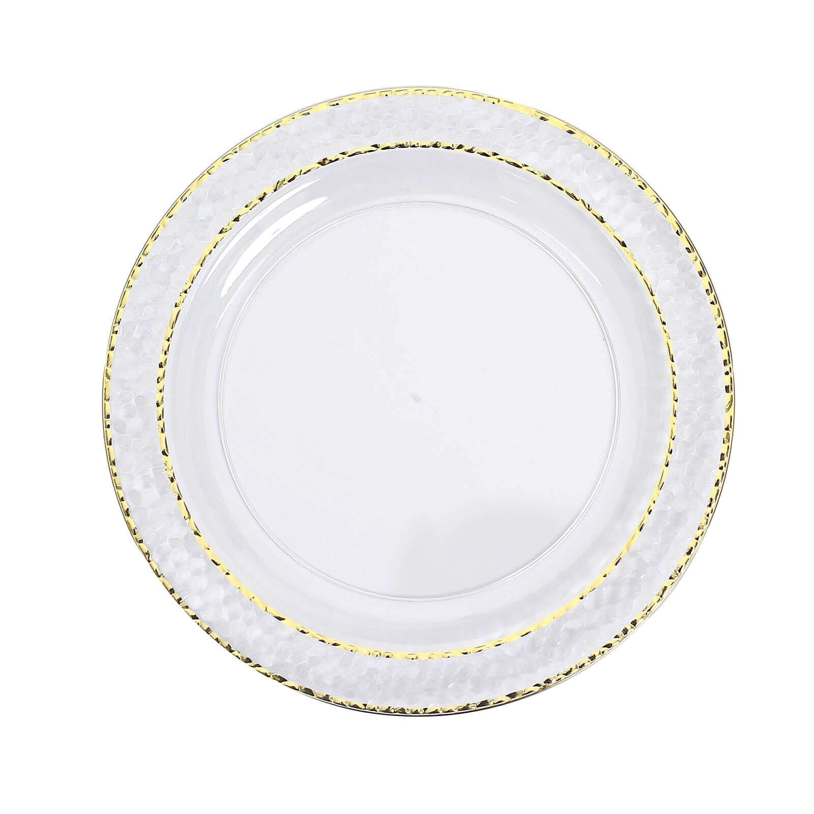 10-Pack Plastic 10" Round Dinner Plates in Clear Hammered Design with Gold Rim - Disposable Party Plates for Chic Banquets & Special Occasions