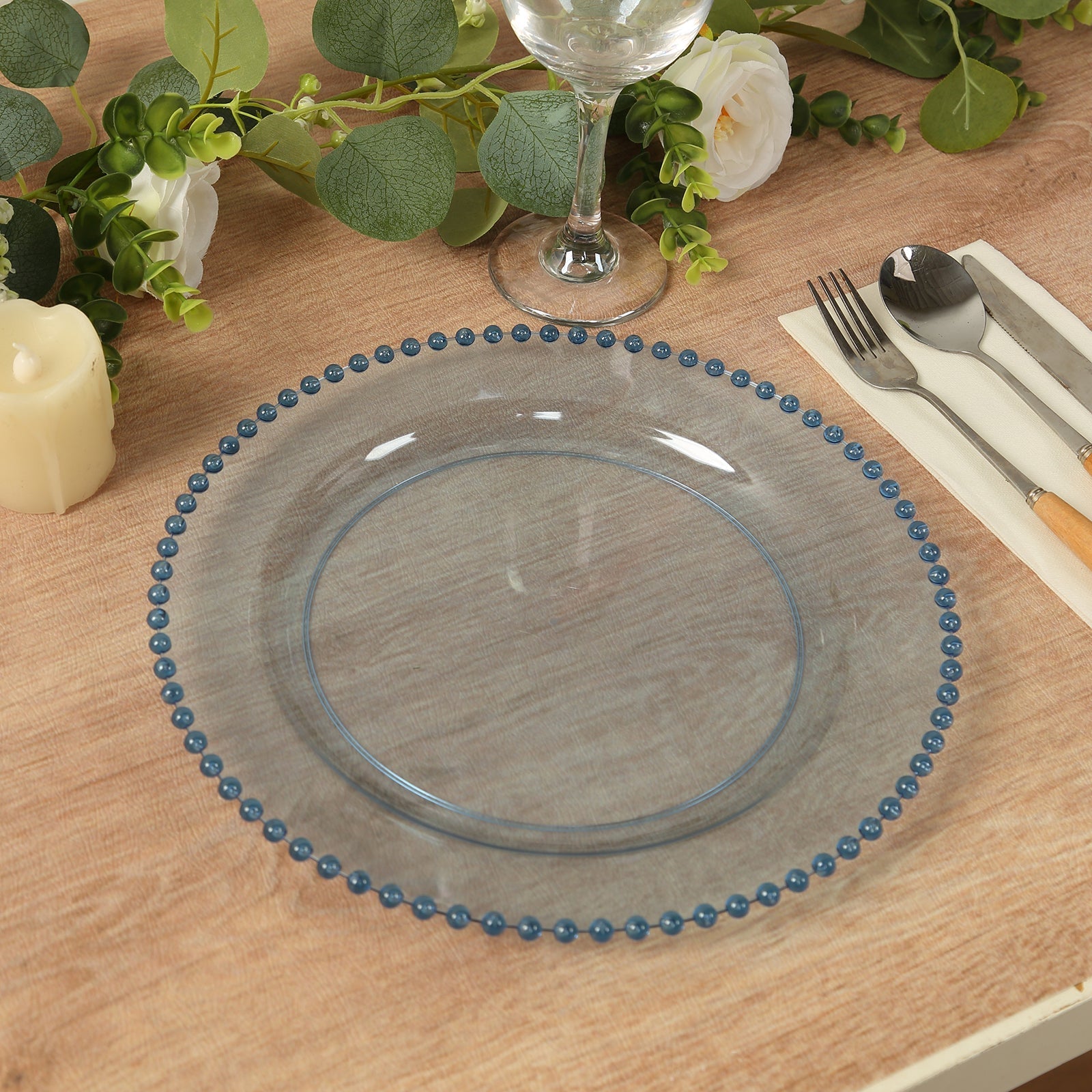 10-Pack Plastic 10" Round Dinner Plates in Transparent Dusty Blue with Beaded Rim - Disposable Party Plates for Banquets & Festive Occasions