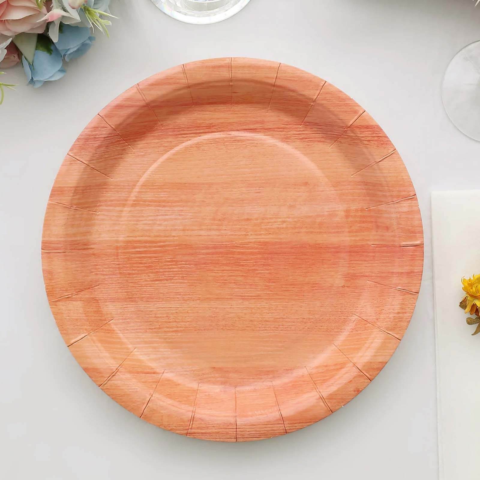 25-Pack Paper 10" Round Dinner Plates Natural Wood Grain Print - Rustic & Nature-Inspired Disposable Party Plates
