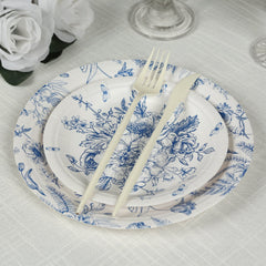 50-Pack Paper Round Dessert and Dinner Plates in White with Blue French Toile Pattern 7", 9"
