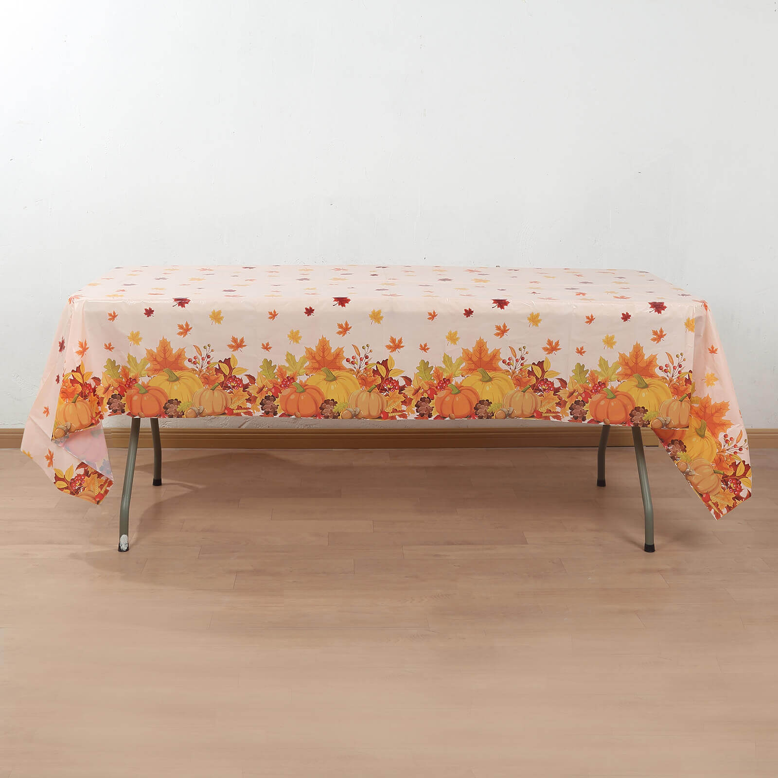 5-Pack Plastic Tablecloths Orange Thanksgiving Rectangle with Fall Leaves Pumpkin Print - Festive PVC Disposable Table Covers 54"x108"