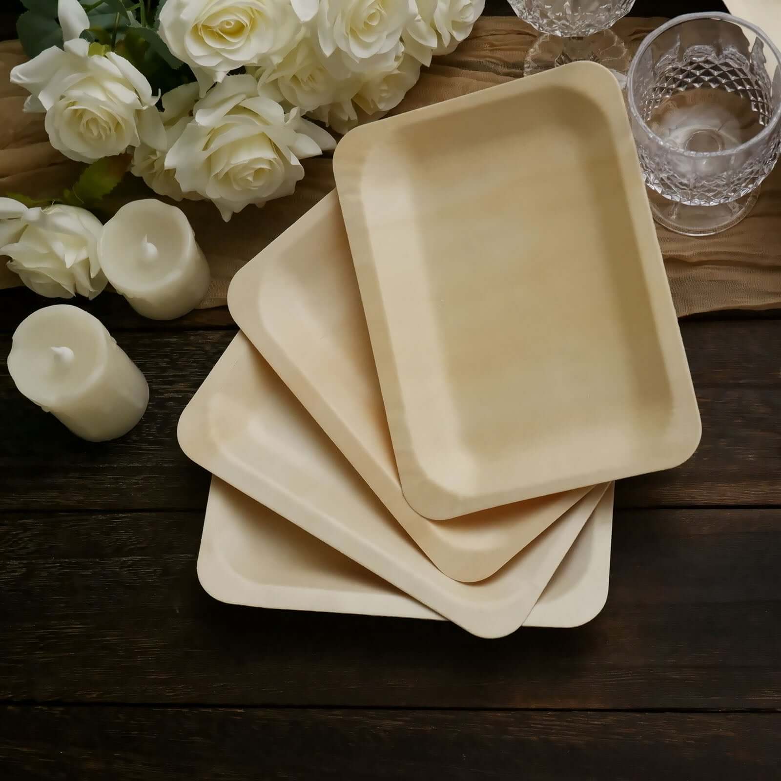 25-Pack Birchwood 5"x8" Rectangle Dessert Serving Plates - Natural Eco Friendly Wooden Disposable Plates for Farmhouse-Style Events, Parties & Gatherings