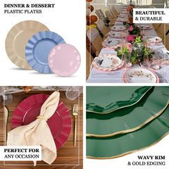 10-Pack Plastic 11" Round Dinner Plates in Cinnamon Brown Ruffled Rim with Gold Edging - Sturdy Disposable Dinnerware