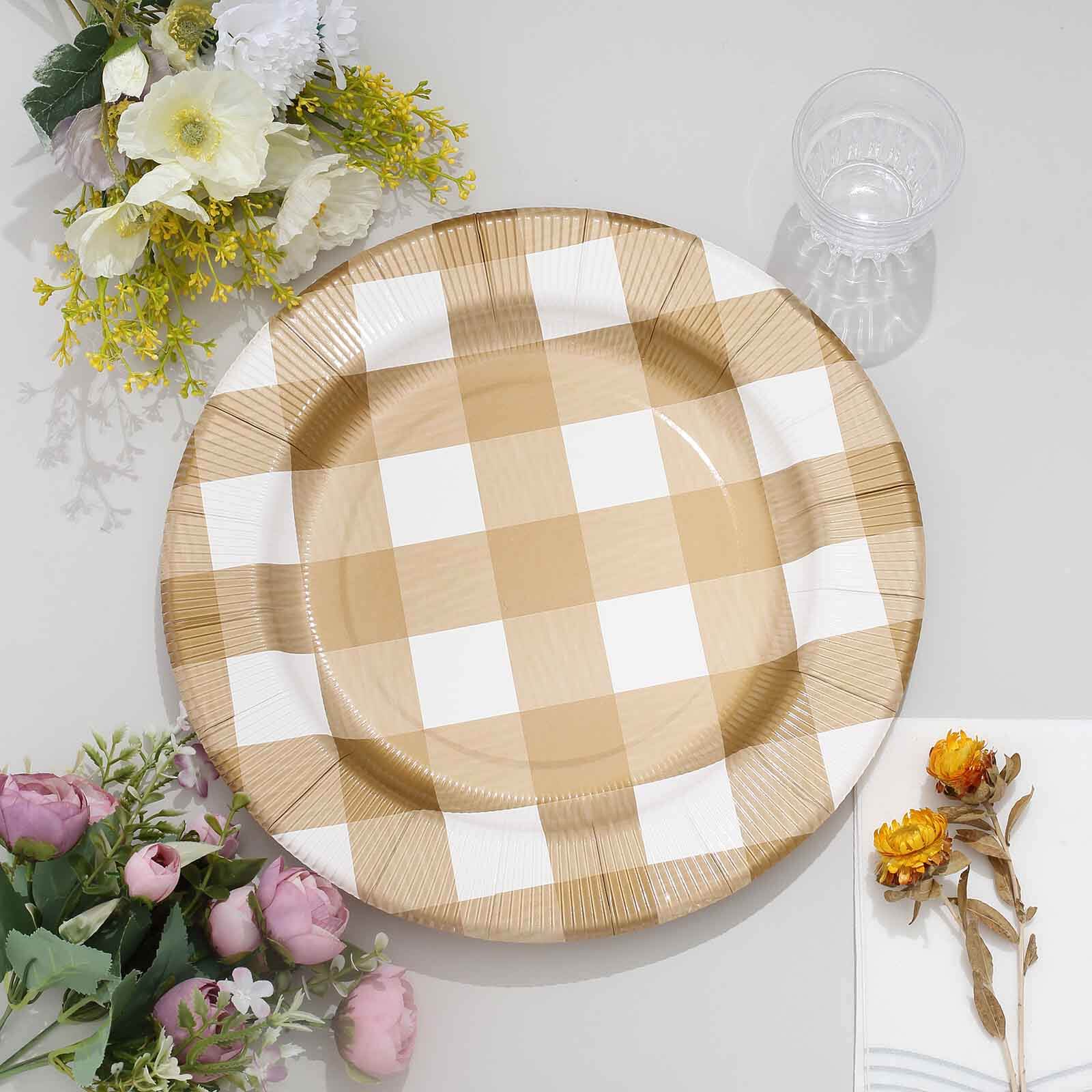 10-Pack Disposable Paper Charger Plates – Gold/White Buffalo Plaid 13" Round Table Chargers, 350 GSM Cardstock