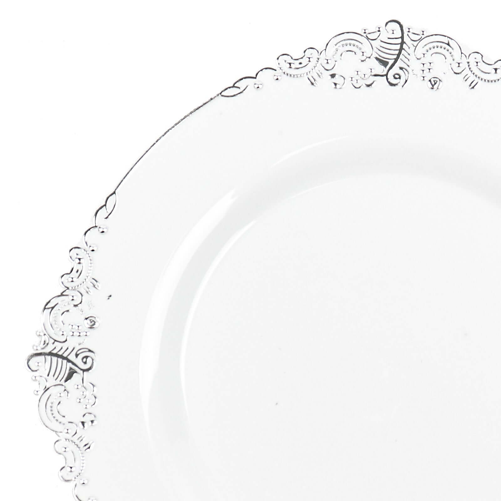 10-Pack Plastic 10" Round Dinner Plates in White with Silver Leaf Embossed Rim - Disposable Vintage Baroque Style Plates