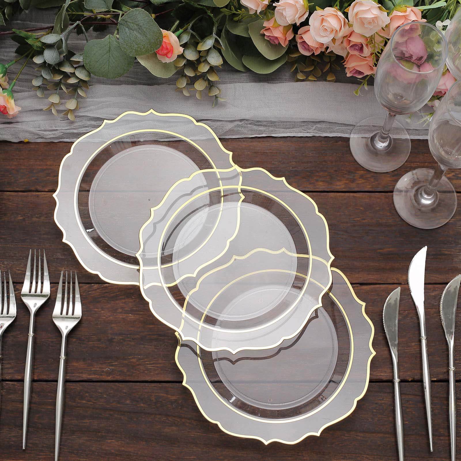 10-Pack Plastic 8" Round Dessert Plates in Clear with Gold Scalloped Rim - Disposable Appetizer/Salad Plates