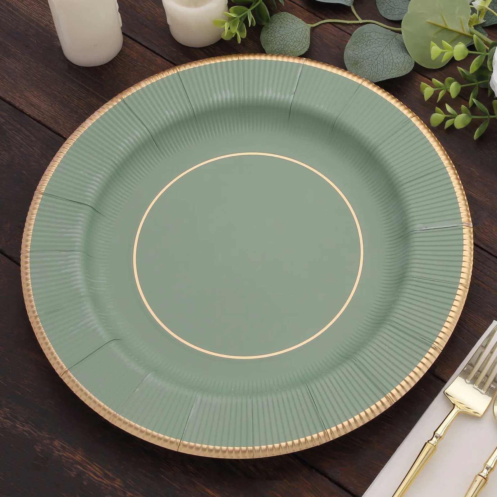 25-Pack Disposable Round Charger Plates in Sage Green Sunray Design with Gold Rim - 350GSM Heavy Duty Paper Chargers 13"