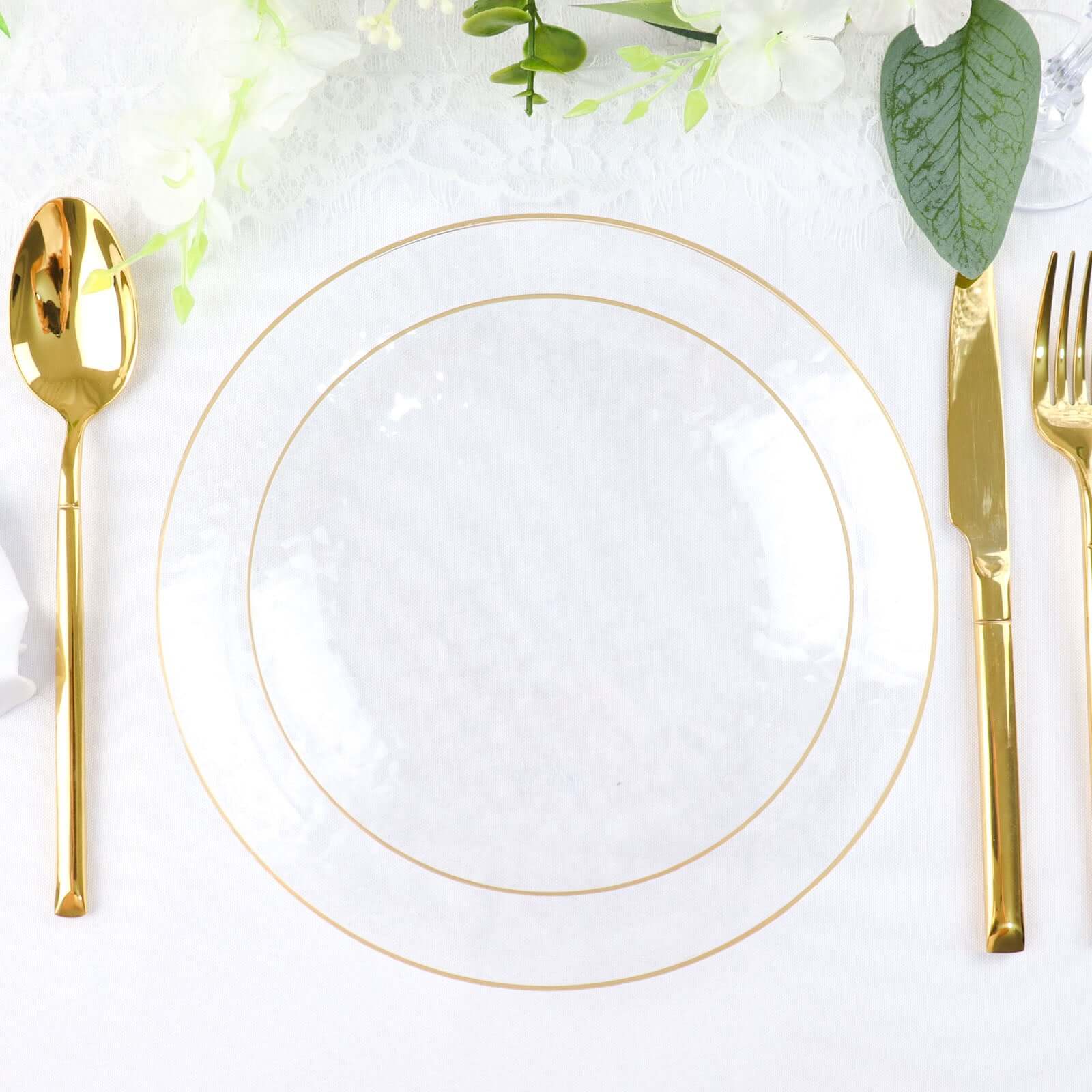 10-Pack Plastic 7" Round Dessert Appetizer Plates in Clear Hammered Design with Gold Rim - Modern Disposable Salad Plates